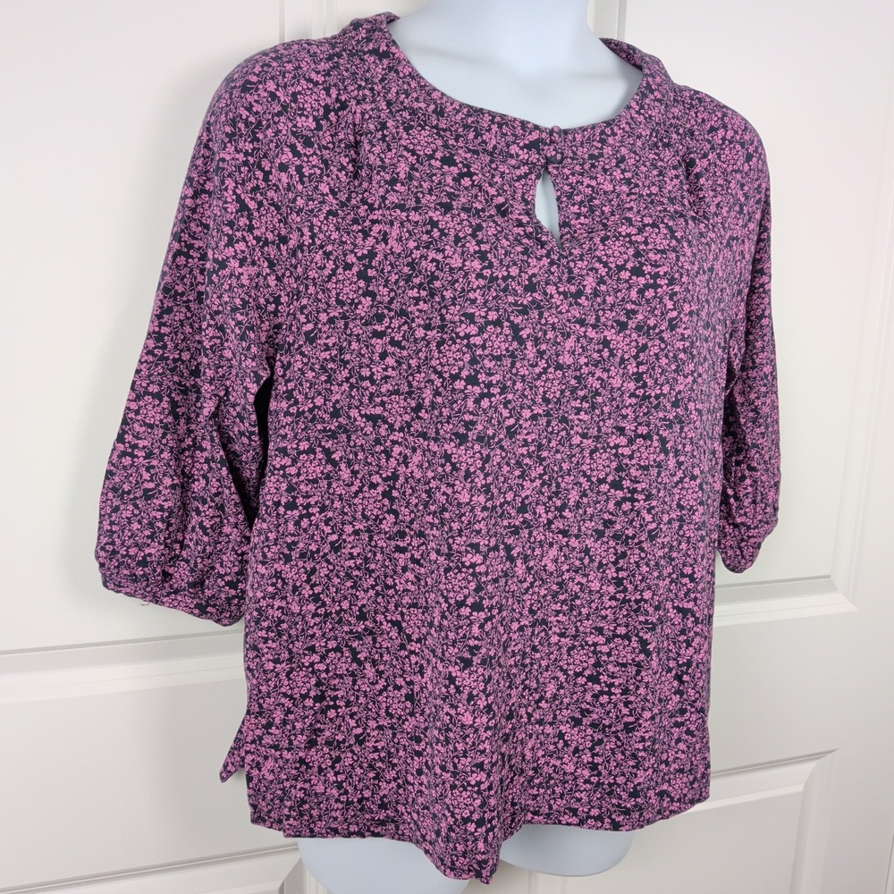 J. Jill Peasant‎ Pink Floral Keyhole Neck Puff Sleeve Knit Blouse Top Size Large